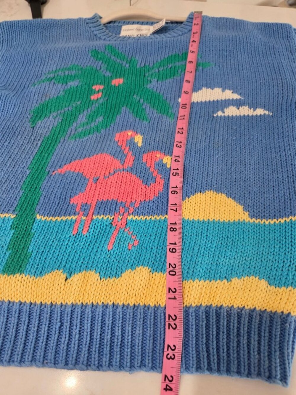 Vtg Robert Scott Hand Knit Sweater L 90s Flamingo Palm Tree Tropical Novelty - Picture 10 of 10